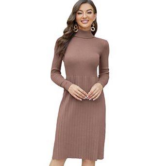 Women Long Sleeve Turtle Mock Neck Rib Knit Stretch Slim Fitted Bodycon Sweater Midi Dress