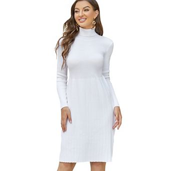 Women Long Sleeve Turtle Mock Neck Rib Knit Stretch Slim Fitted Bodycon Sweater Midi Dress