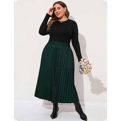 Women Plus Size Elastic Waist Pleated Maxi A-line Skirts