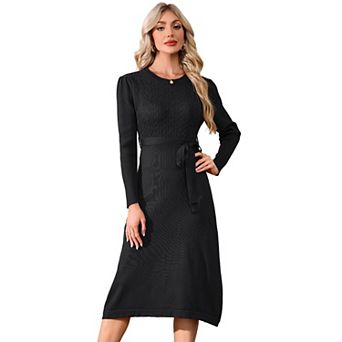 Women's Sweater Dress Crew Neck Long Long Sleeve Tie Waist Knit Midi Dress with Belt
