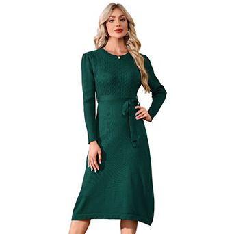 Women's Sweater Dress Crew Neck Long Long Sleeve Tie Waist Knit Midi Dress with Belt