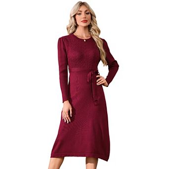 Women's Sweater Dress Crew Neck Long Long Sleeve Tie Waist Knit Midi Dress with Belt
