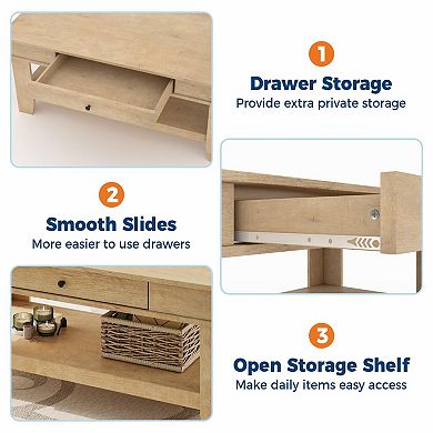 Coffee Table w/Drawer, 47.2" Center Table with Storage Shelf, Rustic Coffee Tables for Living Room