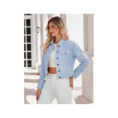 Women's Jean Jacket Frayed Washed Button Up Cropped Denim Jacket With Pockets