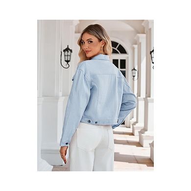 Women's Jean Jacket Frayed Washed Button Up Cropped Denim Jacket With Pockets