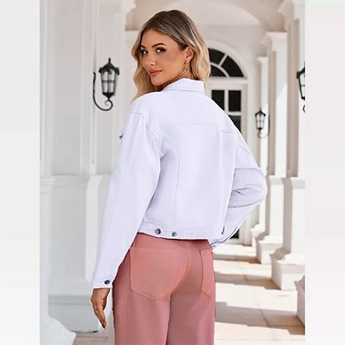 Women Jean Jacket Cropped Denim Shacket with Pockets