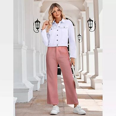 Women Jean Jacket Cropped Denim Shacket with Pockets