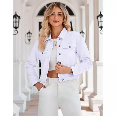 Women Jean Jacket Cropped Denim Shacket with Pockets