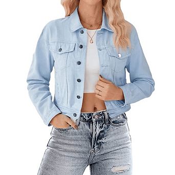 Women Jean Jacket Cropped Denim Shacket with Pockets