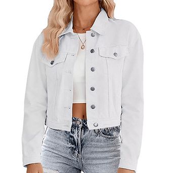 Women Jean Jacket Cropped Denim Shacket with Pockets