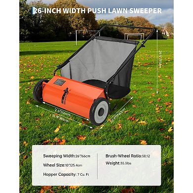 26" Push Lawn Sweeper 4 Spinning Brushes Steel Frame 7 Cu. Ft. Collector for Leaves Yard Debris