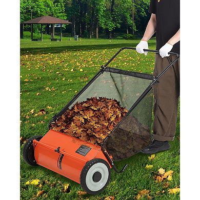26" Push Lawn Sweeper 4 Spinning Brushes Steel Frame 7 Cu. Ft. Collector for Leaves Yard Debris