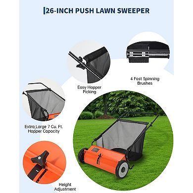 26" Push Lawn Sweeper 4 Spinning Brushes Steel Frame 7 Cu. Ft. Collector for Leaves Yard Debris