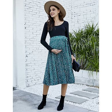 Women's Maternity Casual Tie Waist Floral Midi Skirt