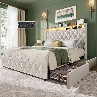 Platform Velvet Upholstered Bed Frame w/Headboard, 4 Storage Drawers, USB Charging Station, Led