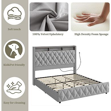 Platform Velvet Upholstered Bed Frame w/Headboard, 4 Storage Drawers, USB Charging Station, Led