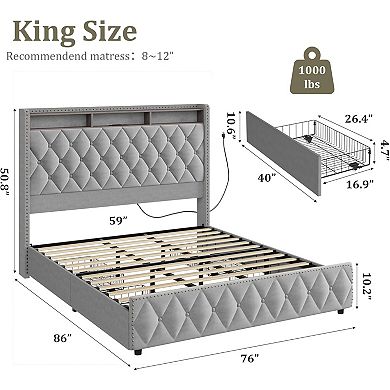 Platform Velvet Upholstered Bed Frame w/Headboard, 4 Storage Drawers, USB Charging Station, Led