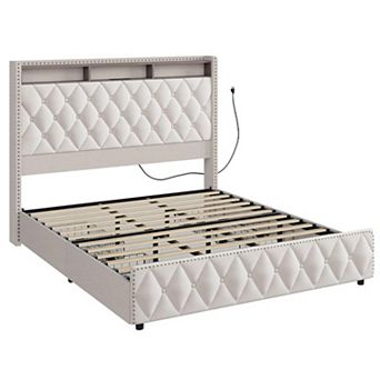 Platform Velvet Upholstered Bed Frame w/Headboard, 4 Storage Drawers, USB Charging Station, Led