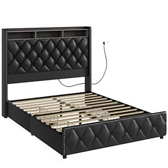 Platform Velvet Upholstered Bed Frame w/Headboard, 4 Storage Drawers, USB Charging Station, Led