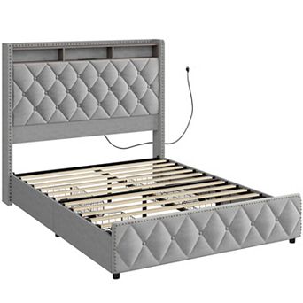 Platform Velvet Upholstered Bed Frame w/Headboard, 4 Storage Drawers, USB Charging Station, Led