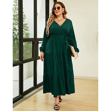 Women Plus Size Wrap Long Sleeve Tiered Maxi Dress