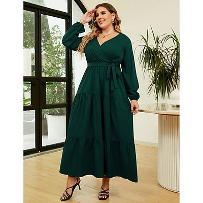Women Plus Size Wrap Long Sleeve Tiered Maxi Dress