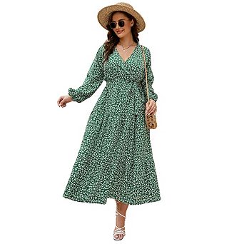 Women Plus Size Wrap Long Sleeve Tiered Maxi Dress