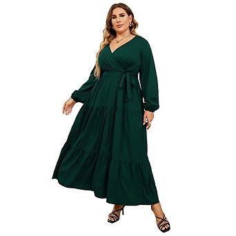 Women Plus Size Wrap Long Sleeve Tiered Maxi Dress