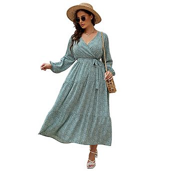 Women Plus Size Wrap Long Sleeve Tiered Maxi Dress