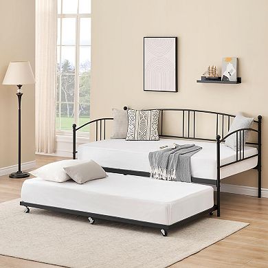 Twin Metal Daybed w/Trundle, Twin Size Daybed Frame w/Pullout Trundle 6 Casters,Steel Slat Support