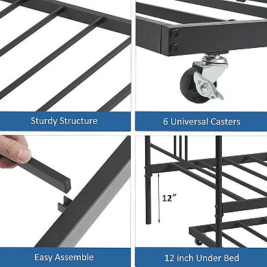 Twin Metal Daybed w/Trundle, Twin Size Daybed Frame w/Pullout Trundle 6 Casters,Steel Slat Support