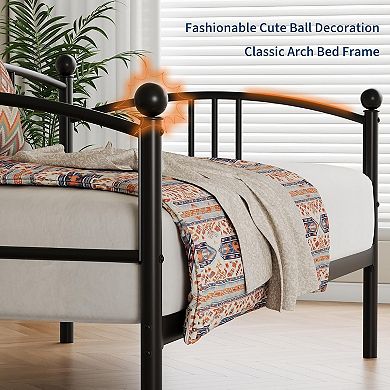 Twin Metal Daybed w/Trundle, Twin Size Daybed Frame w/Pullout Trundle 6 Casters,Steel Slat Support