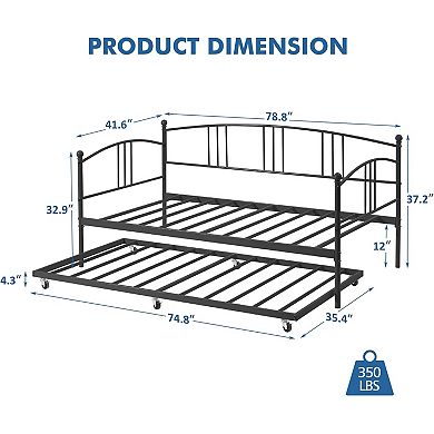Twin Metal Daybed w/Trundle, Twin Size Daybed Frame w/Pullout Trundle 6 Casters,Steel Slat Support
