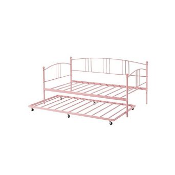 Twin Metal Daybed w/Trundle, Twin Size Daybed Frame w/Pullout Trundle 6 Casters,Steel Slat Support