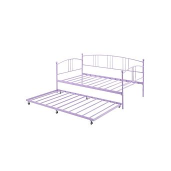 Twin Metal Daybed w/Trundle, Twin Size Daybed Frame w/Pullout Trundle 6 Casters,Steel Slat Support