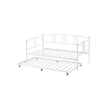 Twin Metal Daybed w/Trundle, Twin Size Daybed Frame w/Pullout Trundle 6 Casters,Steel Slat Support
