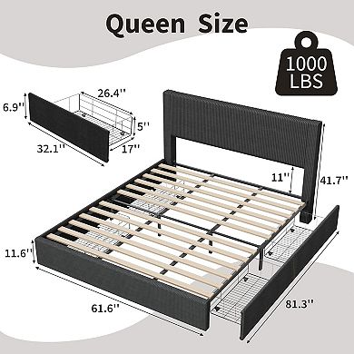 Platform Bed Frame w/4 Storage Drawers, Upholstered Corduroy Channel Tufted Headboard Bed Frame