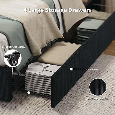 Platform Bed Frame w/4 Storage Drawers, Upholstered Corduroy Channel Tufted Headboard Bed Frame