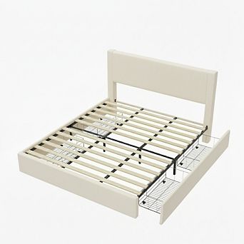 Platform Bed Frame w/4 Storage Drawers, Upholstered Corduroy Channel Tufted Headboard Bed Frame