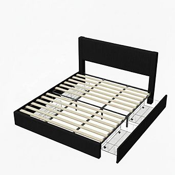 Platform Bed Frame w/4 Storage Drawers, Upholstered Corduroy Channel Tufted Headboard Bed Frame