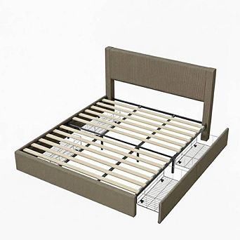 Platform Bed Frame w/4 Storage Drawers, Upholstered Corduroy Channel Tufted Headboard Bed Frame
