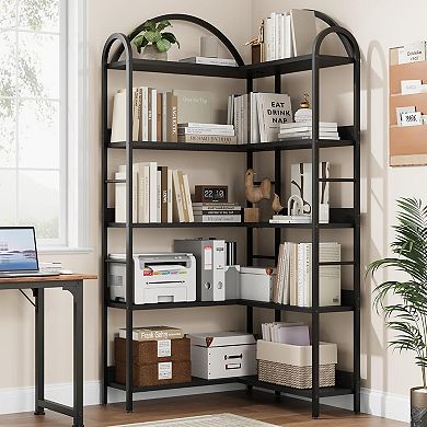 5-Tier L-Shaped Corner Bookshelf, Arched Metal Frame,Open Wood & Metal Storage Shelves,Open Storage