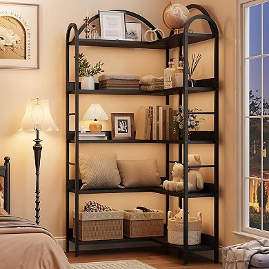 5-Tier L-Shaped Corner Bookshelf, Arched Metal Frame,Open Wood & Metal Storage Shelves,Open Storage