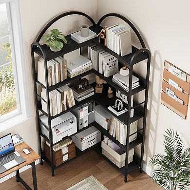 5-Tier L-Shaped Corner Bookshelf, Arched Metal Frame,Open Wood & Metal Storage Shelves,Open Storage