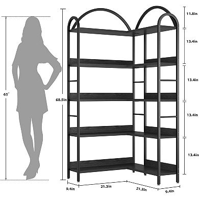 5-Tier L-Shaped Corner Bookshelf, Arched Metal Frame,Open Wood & Metal Storage Shelves,Open Storage
