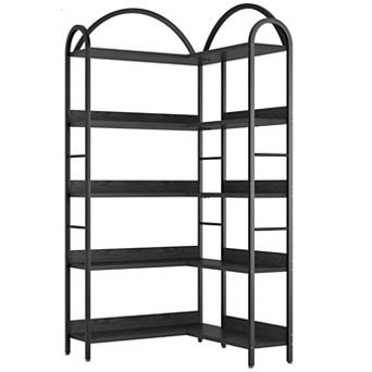 5 tier L-Shaped Corner Bookshelf, Arched Metal Frame,Open Wood & Metal Storage Shelves,Open Storage