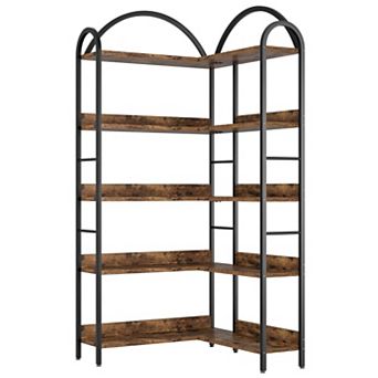 5 tier L-Shaped Corner Bookshelf, Arched Metal Frame,Open Wood & Metal Storage Shelves,Open Storage