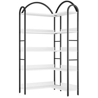 5 tier L-Shaped Corner Bookshelf, Arched Metal Frame,Open Wood & Metal Storage Shelves,Open Storage
