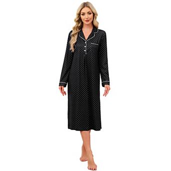 Women Midi Pajamas Dress Long Sleeve Nightgown
