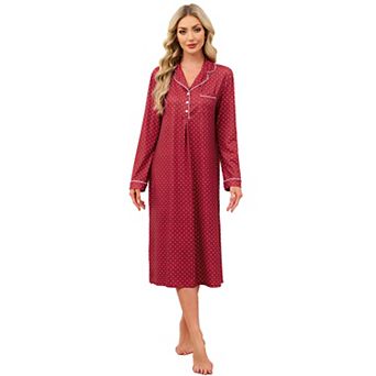 Women Midi Pajamas Dress Long Sleeve Nightgown